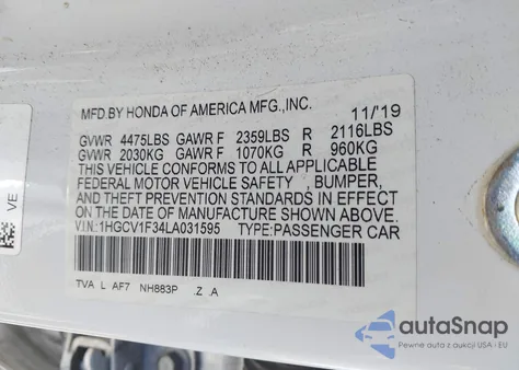 2020 Honda Accord Sport from USA, damaged, VIN 1HGCV1F34LA031595